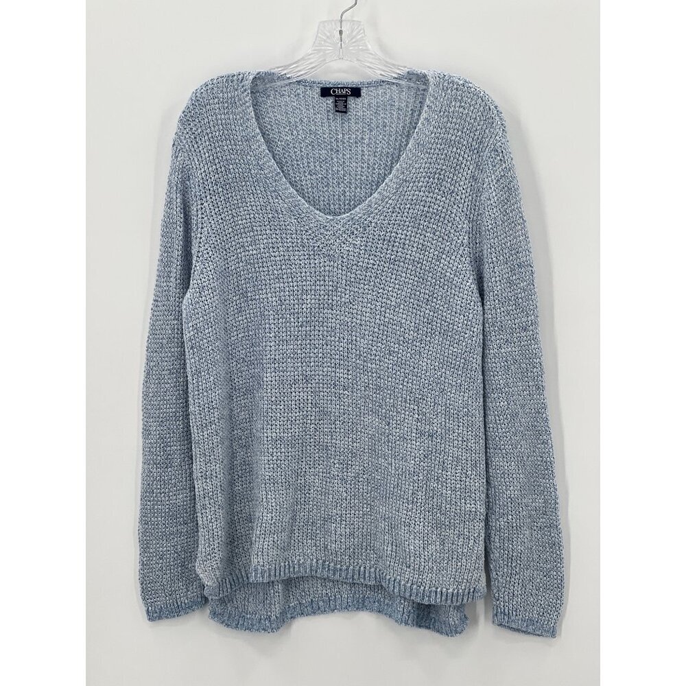 CHAPS Sweater Womens XL Tunic V-Neck 100% Cotton Blue White